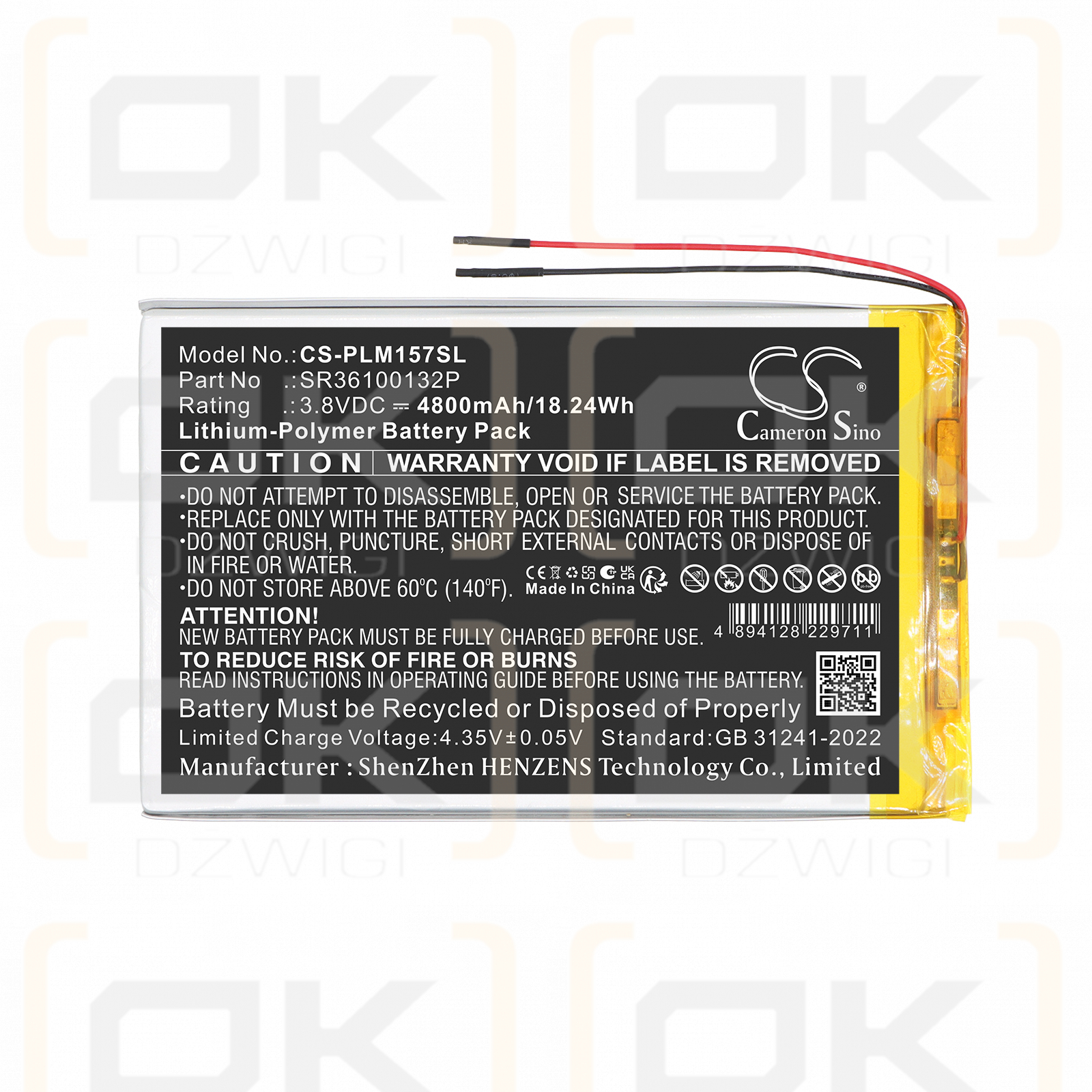 Replacement Battery for Polaroid MIDC157 / SR36100132P 4800 mAh Li-Polymer 3.8 V (Cameron Sino)