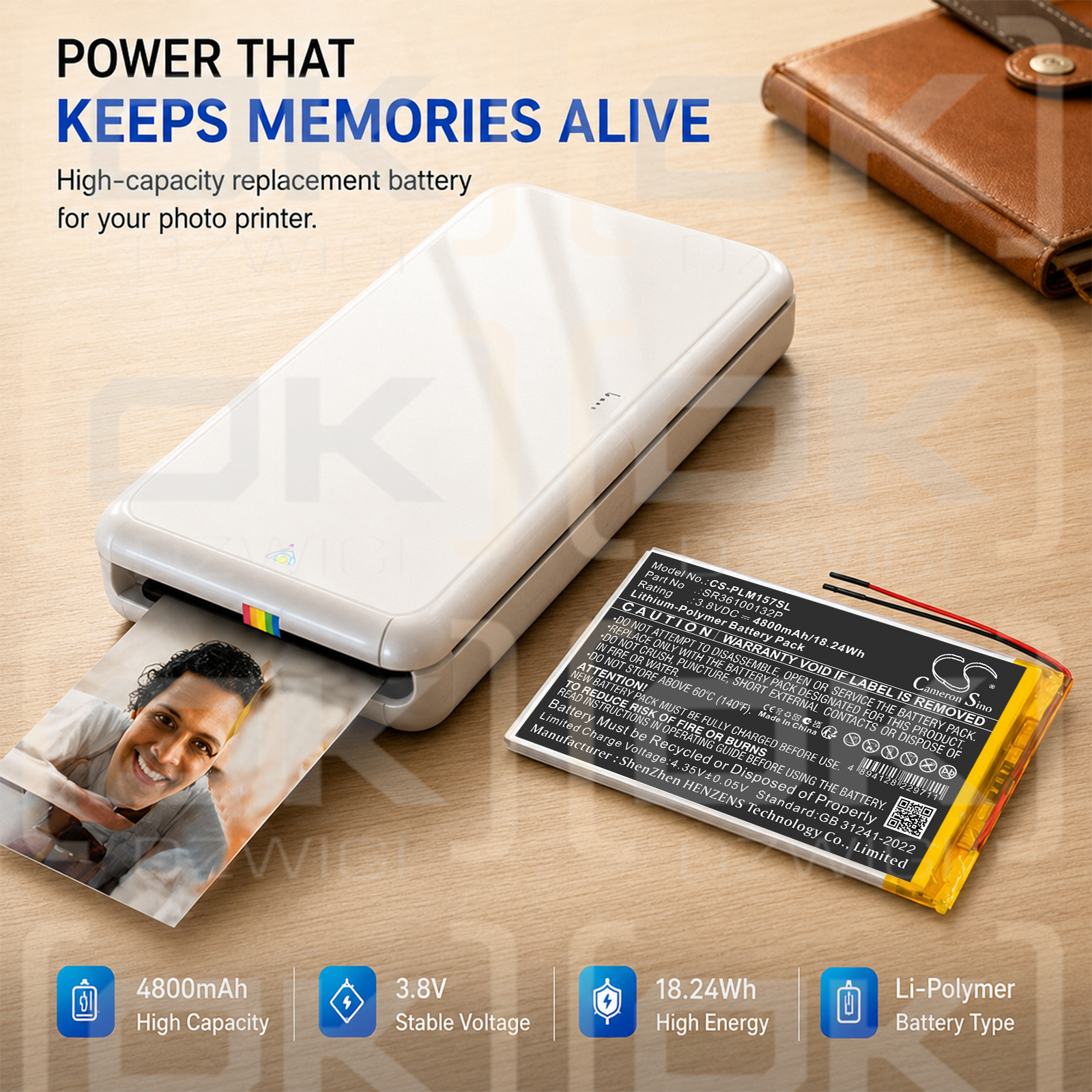 Replacement Battery for Polaroid MIDC157 / SR36100132P 4800 mAh Li-Polymer 3.8 V (Cameron Sino)