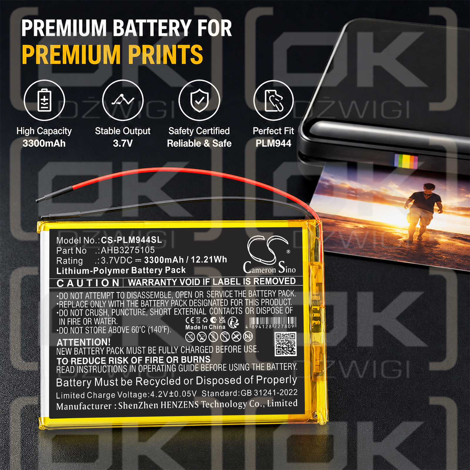 Replacement Battery for Polaroid MIDB944PXE / AHB3275105 3300 mAh Li-Polymer 3.7 V (Cameron Sino)