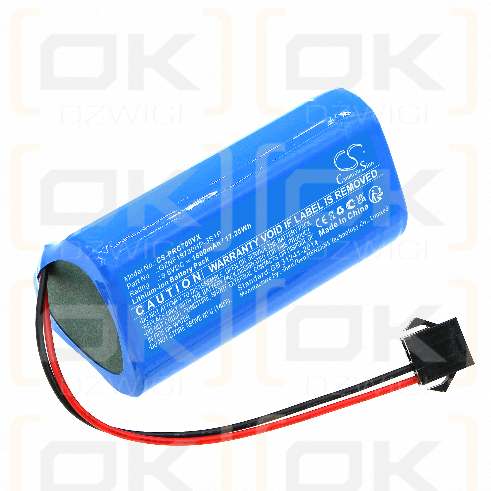 Pure Clean PUCRCX70 / GZNF18730HP-3S1P 1800 mAh LiFePO4 9,6 V (Cameron Sino)