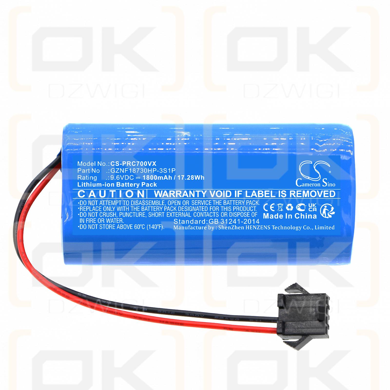 Pure Clean PUCRCX70 / GZNF18730HP-3S1P 1800 mAh LiFePO4 9,6 V (Cameron Sino)