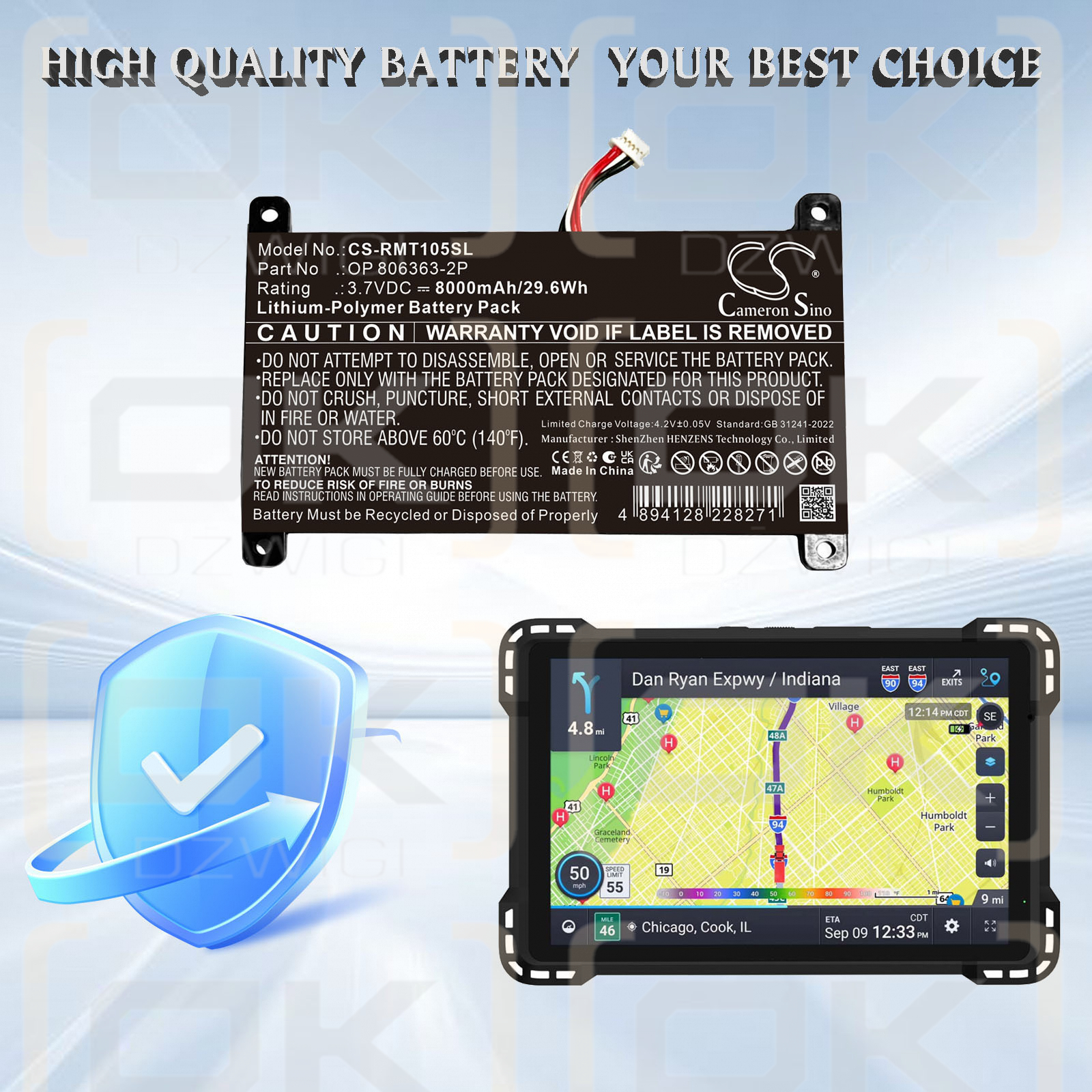 Replacement Battery for RAND McNally TND-1050 / OP 806363-2P 8000 mAh Li-Polymer 3.7 V (Cameron Sino)