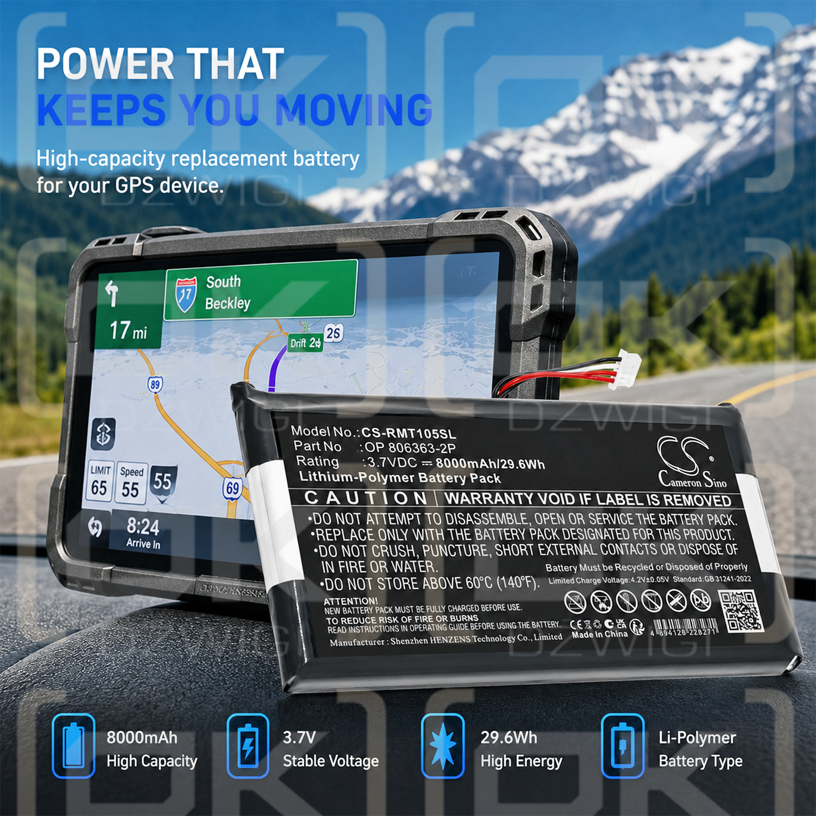 Сменный аккумулятор для RAND McNally TND-1050 / OP 806363-2P 8000 мАч литий-полимерный 3,7 В (Cameron Sino)