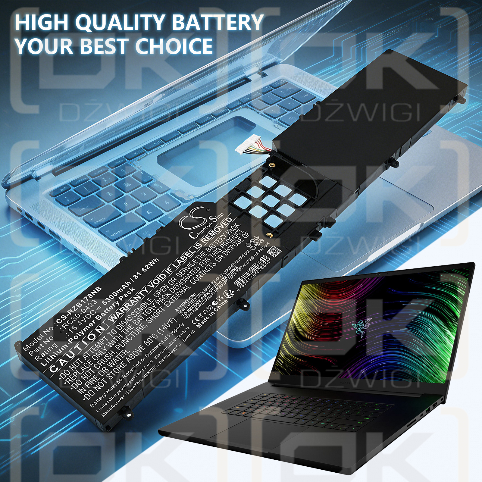 Replacement Battery for Razer Blade 17 RTX 3080 Ti / RC30-0423 5300 mAh Li-Polymer 15.4 V (Cameron Sino)