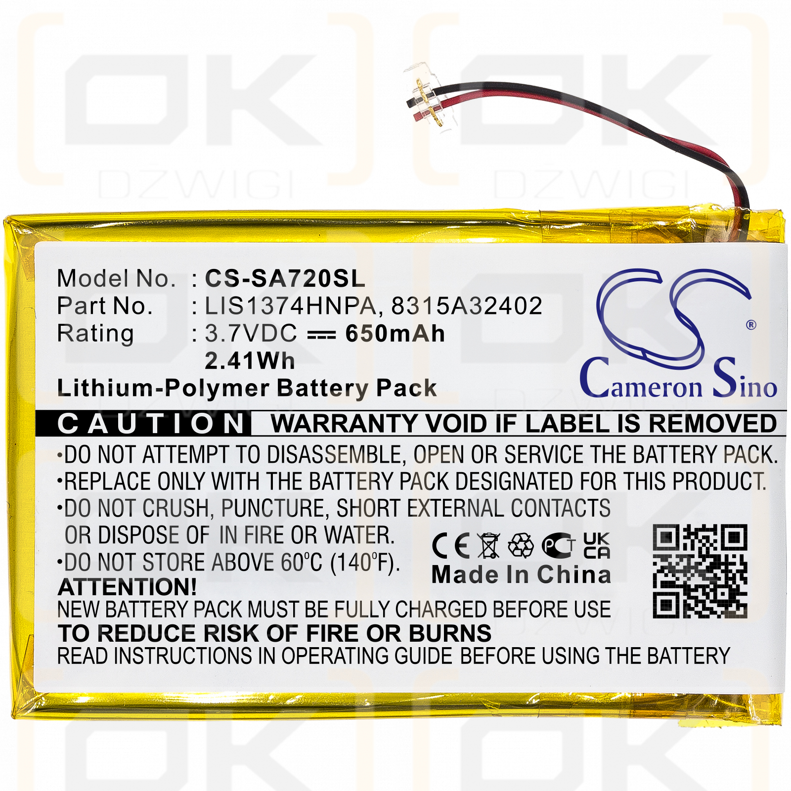 Sony NWZ-S738F / 1-756-702-11 650mAh Li-Polymer 3.7V (Cameron Sino)