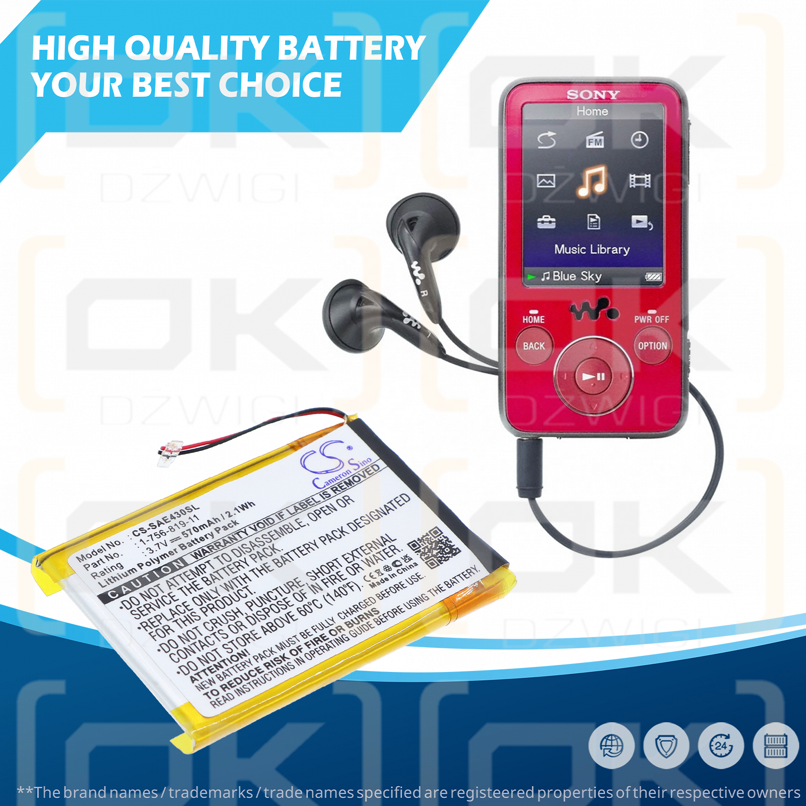 Sony NWZ-E438FBLK / 1-756-819-11 570 mAh Li-Polymer 3,7 V (Cameron Sino)