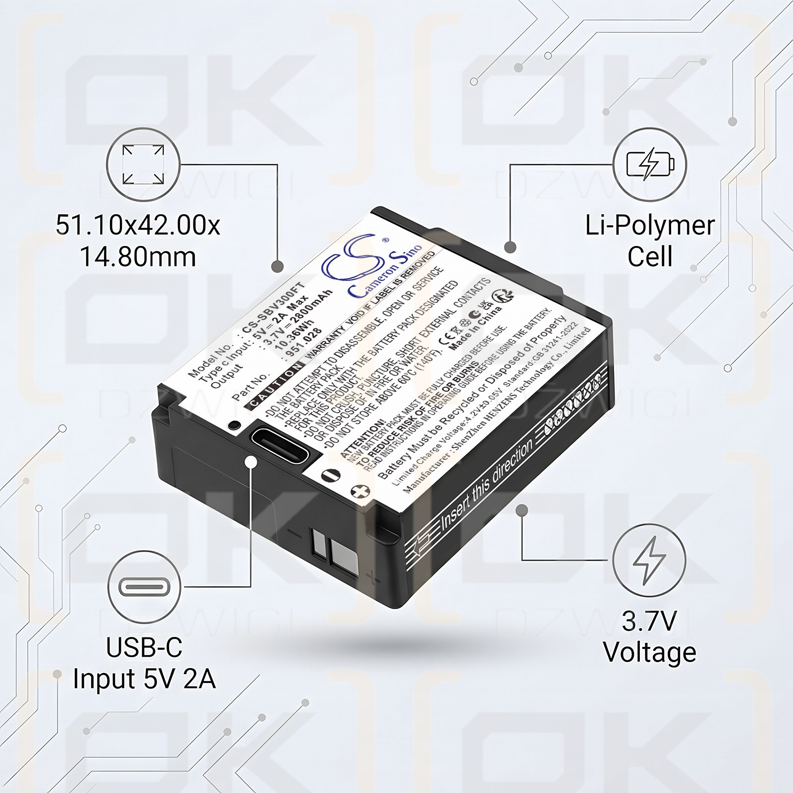 Replacement battery for Suprabeam V4 Pro / 951.028 2800 mAh Li-Polymer 3.7 V (Cameron Sino)
