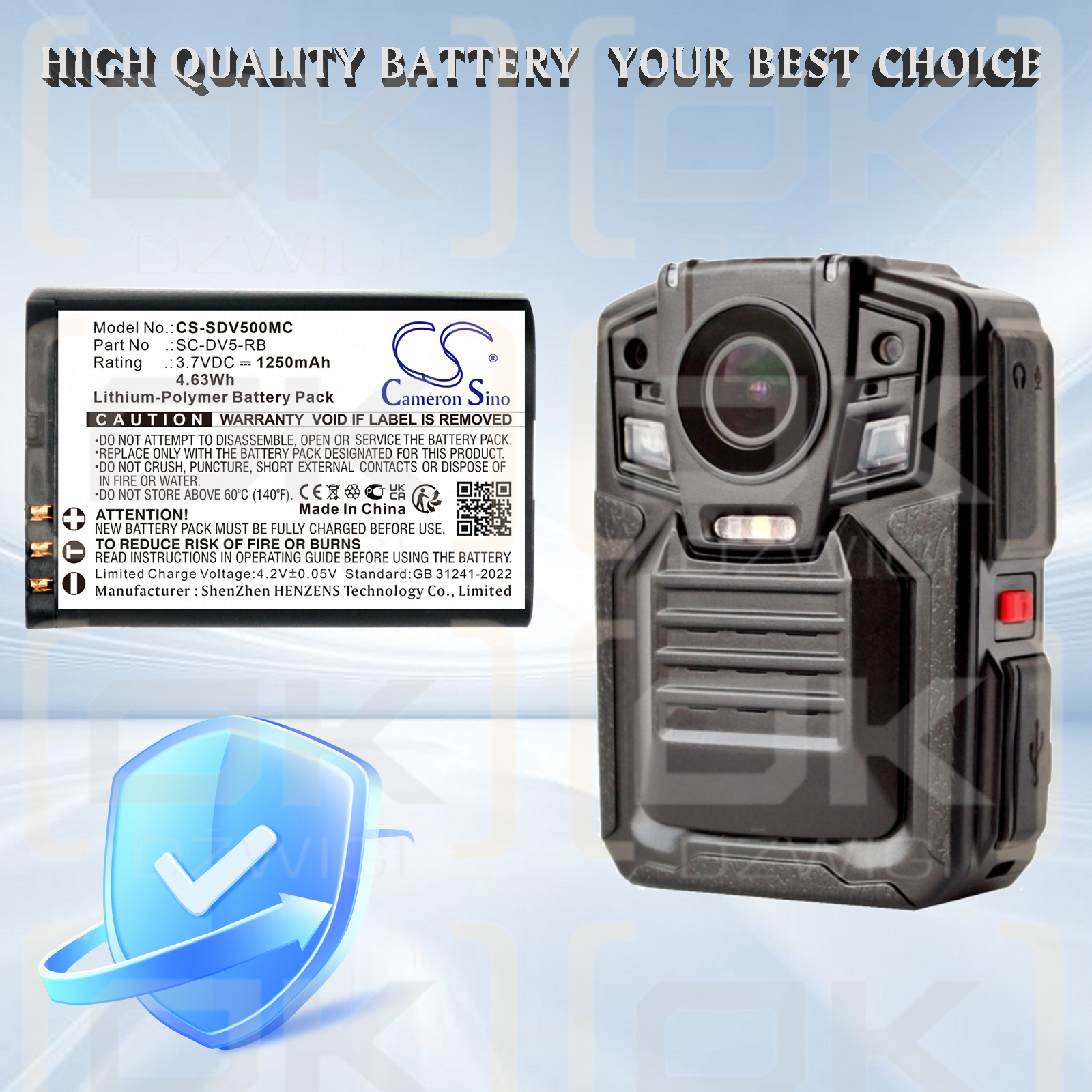 PatrolEyes SC-DV5-2 / SC-DV5-RB 1250 mAh, polímero de litio, 3,7 V (Cameron Sino)