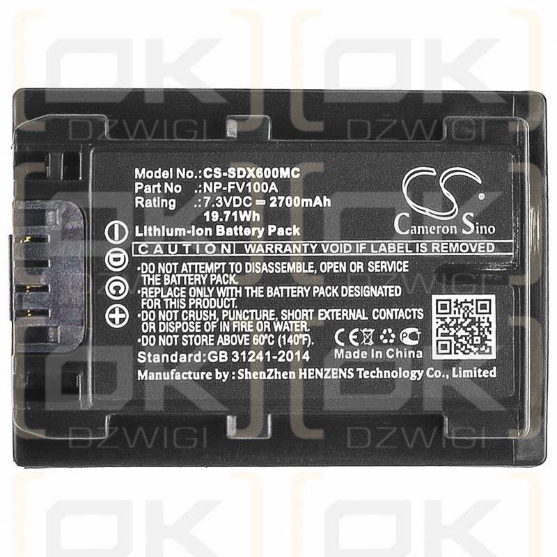 Sony HDR-PJ620 / NP-FV100A 2700 mAh Li-Ion 7,3 V (Cameron Sino)