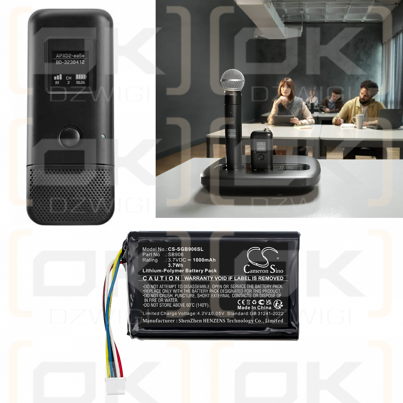 Shure neXt 2 MXW1X - Bodypack híbrido / 95A47652 1000 mAh, polímero de litio, 3,7 V (Cameron Sino)