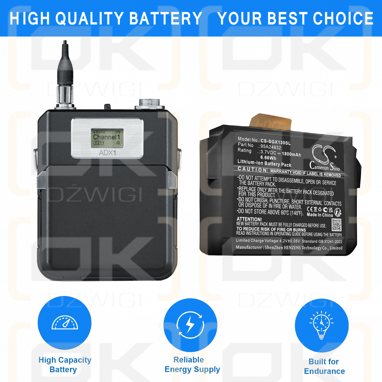 SHURE SHURE ADX1-Sender / 95A24832 1800 mAh Li-Ionen 3,7 V (Cameron Sino)