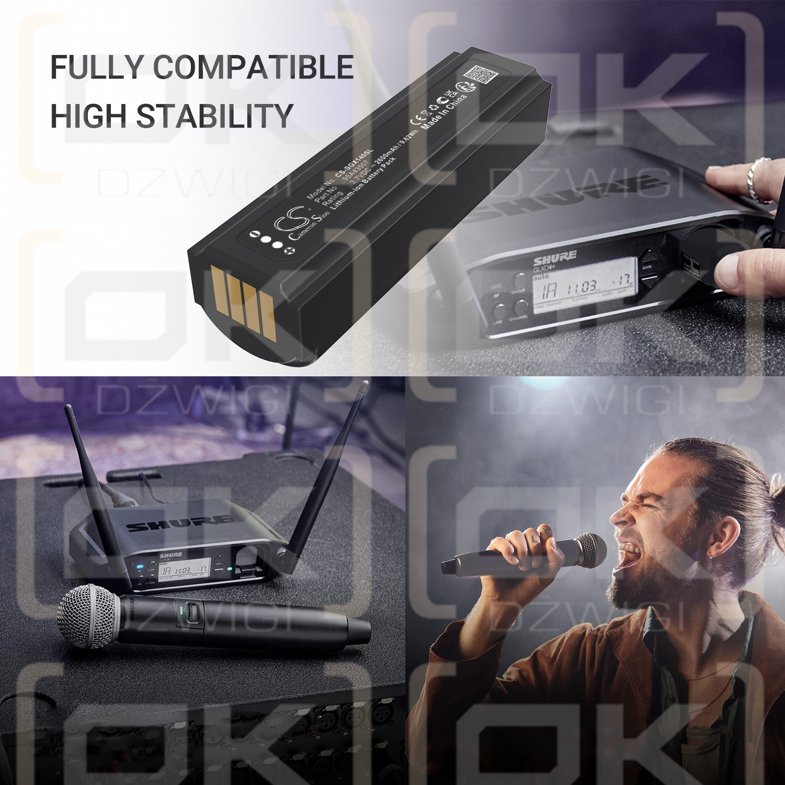 SHURE GLXD2+ Drahtloser Handmikrofonsender / 95A43507 2600 mAh Li-Ionen 3,7 V (Cameron Sino)
