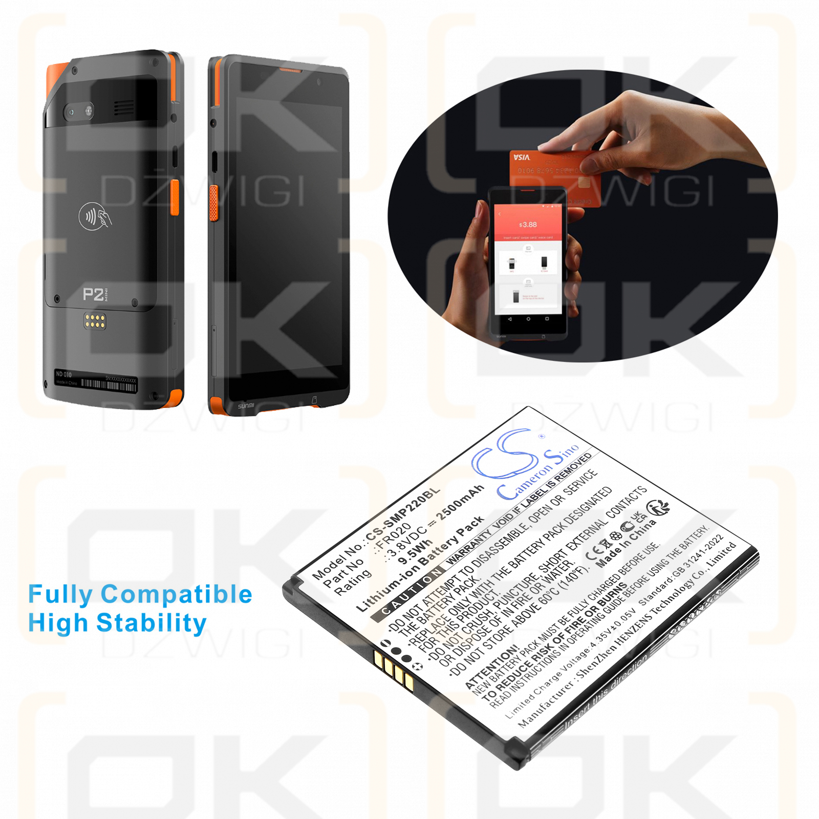 Sunmi P2 Mini / FR020 2500 mAh Li-Ionen 3,8 V (Cameron Sino)