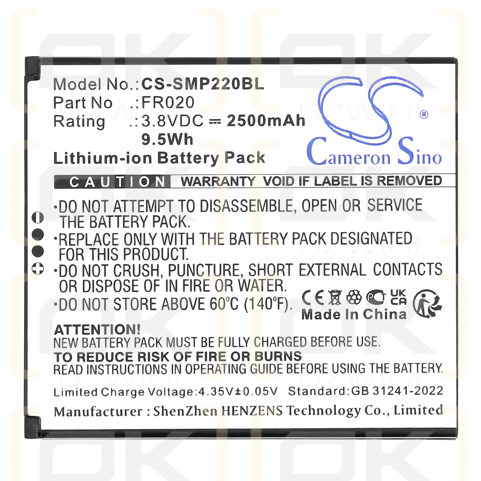 Sunmi P2 Mini / FR020 2500 mAh Li-Ionen 3,8 V (Cameron Sino)