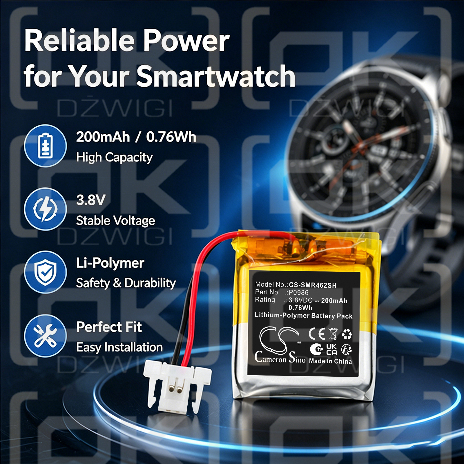 Ersatzakku für Samsung Watch 462223 / P0986 200 mAh Li-Polymer 3,8 V (Cameron Sino)