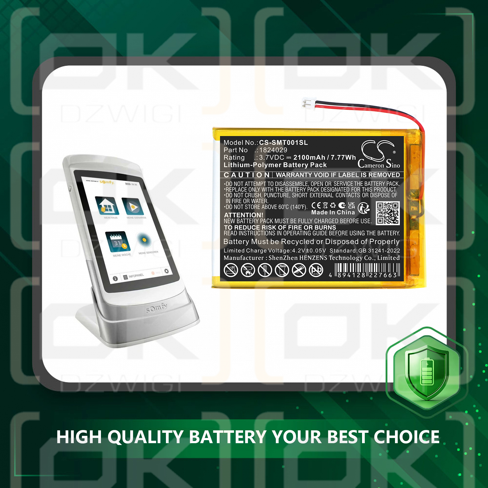 Bateria zamienna do Somfy Tahomi Pad io /  18024029 2100 mAh Li-Polymer 3.7 V (Cameron Sino)