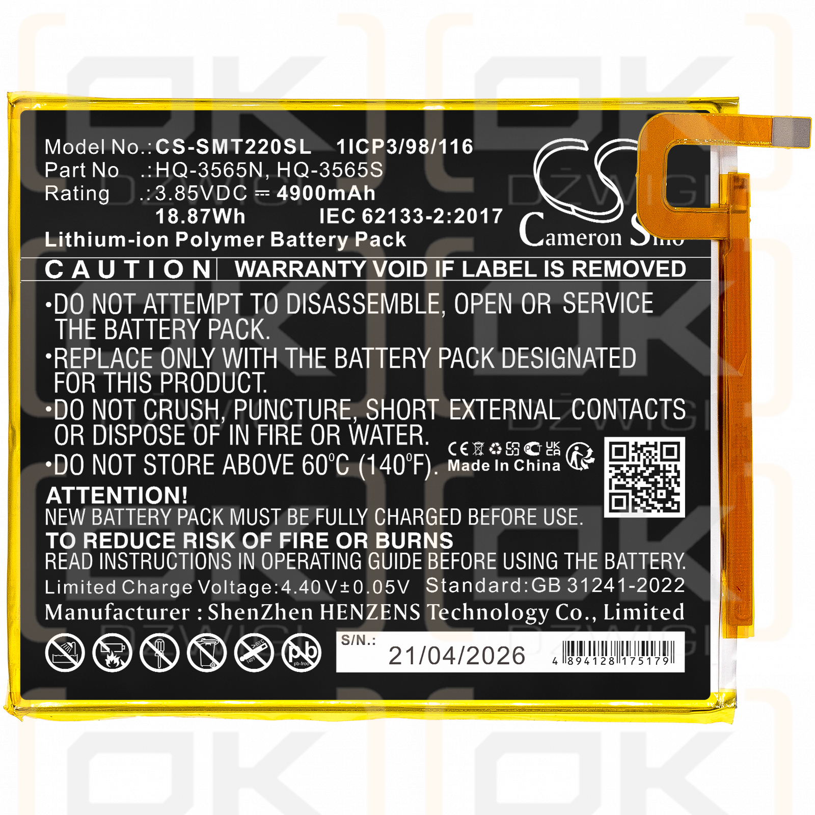 Replacement Battery for Samsung SM-T225 / HQ-3565N 4900 mAh Li-Polymer 3.85 V (Cameron Sino)