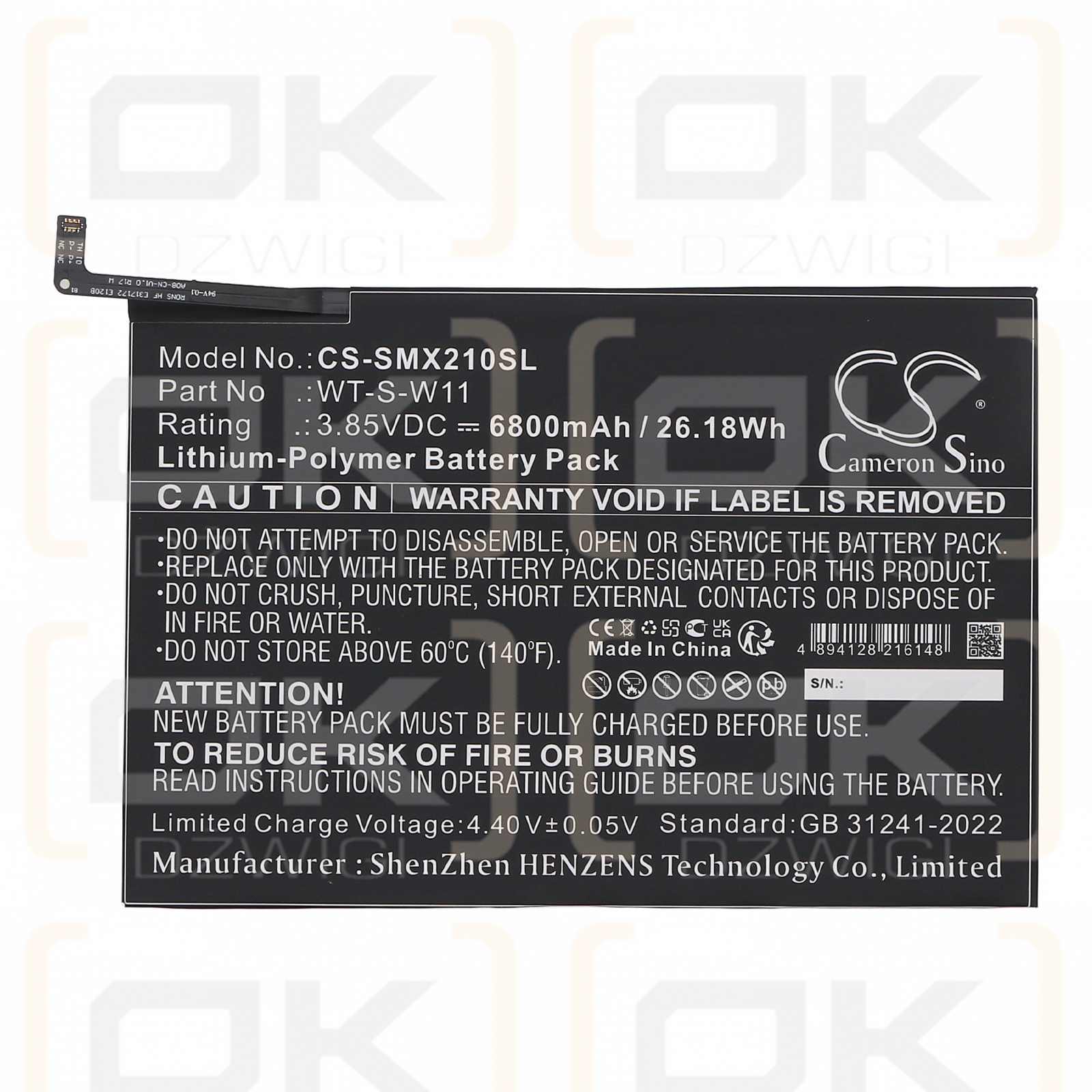 Batería Samsung SMX210NZAEG / WT-S-W11 de polímero de litio de 6800 mAh y 3,85 V (Cameron Sino)
