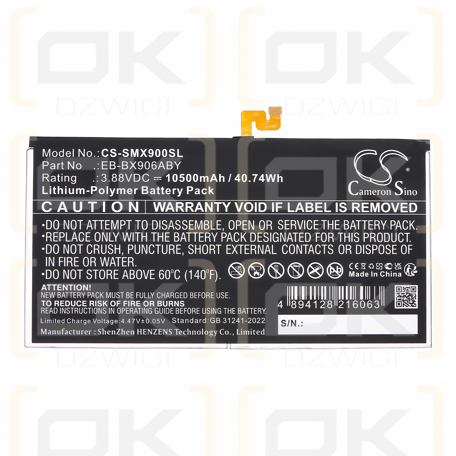 Samsung SM-X906N / EB-BX906ABY 10500 mAh, polímero de litio, 3,88 V (Cameron Sino)