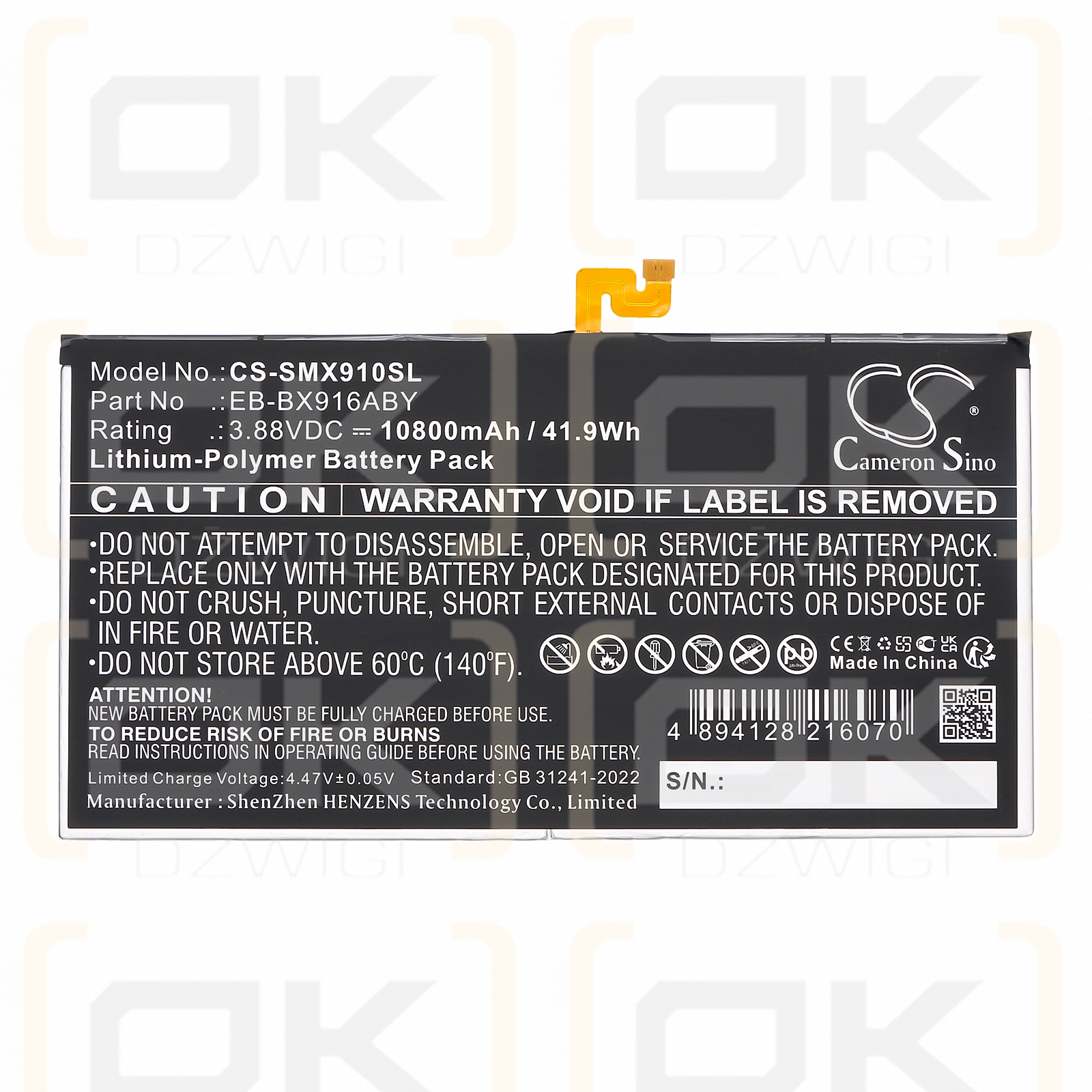 Samsung SM-X916C / EB-BX916ABY 10800 mAh, polímero de litio, 3,88 V (Cameron Sino)