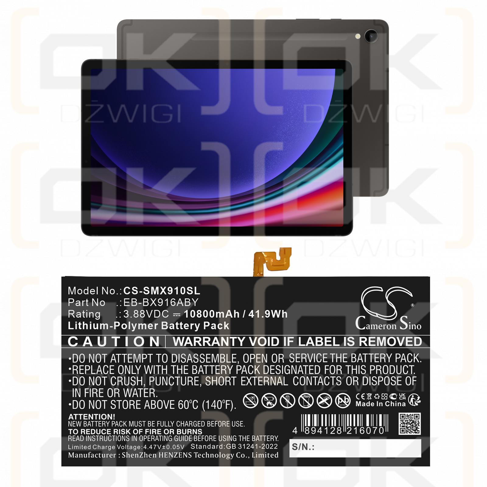 Samsung SM-X916C / EB-BX916ABY 10800 mAh, polímero de litio, 3,88 V (Cameron Sino)