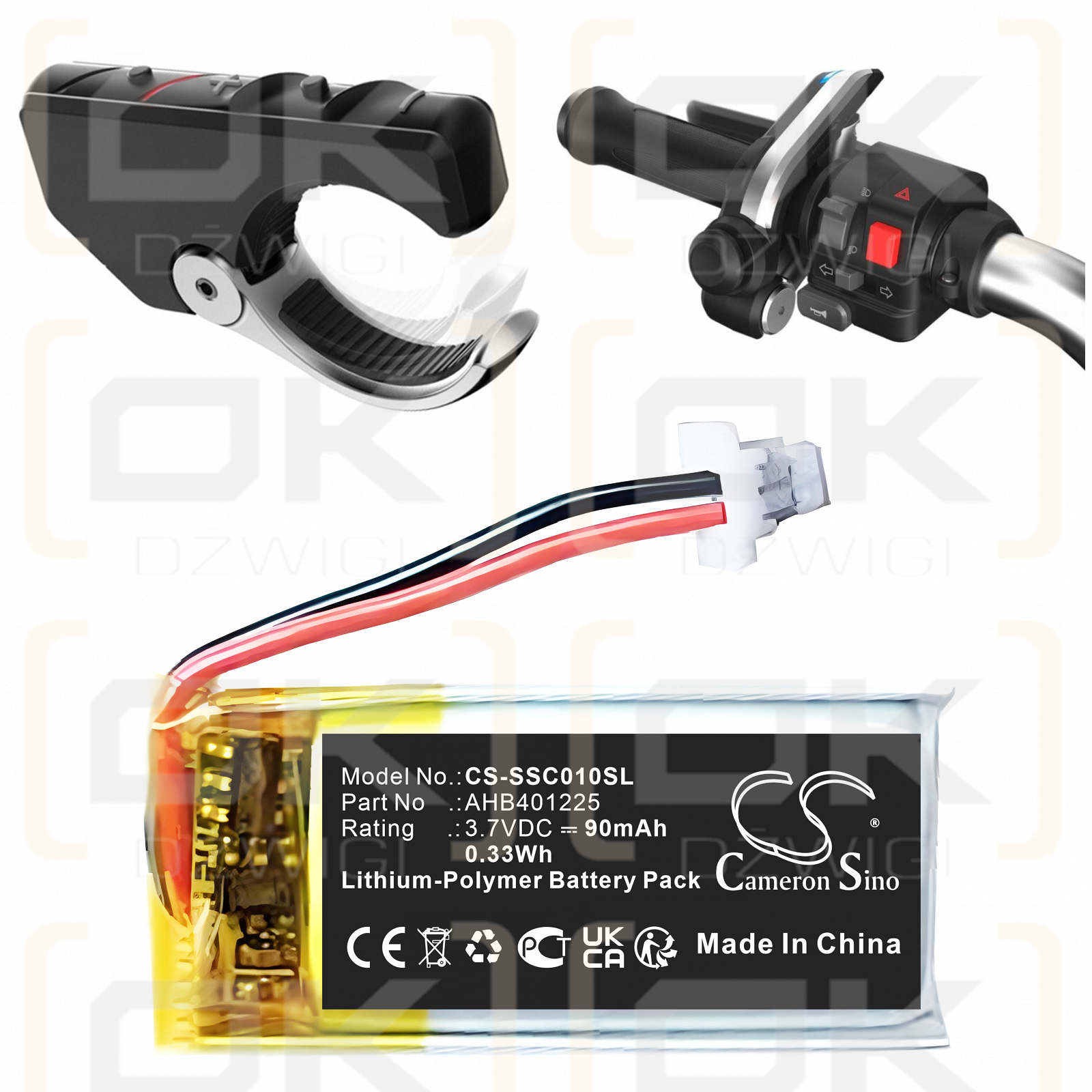 Control remoto de pulsera Sena SC-WR-01 / AHB401225 de polímero de litio de 90 mAh y 3,7 V (Cameron Sino)