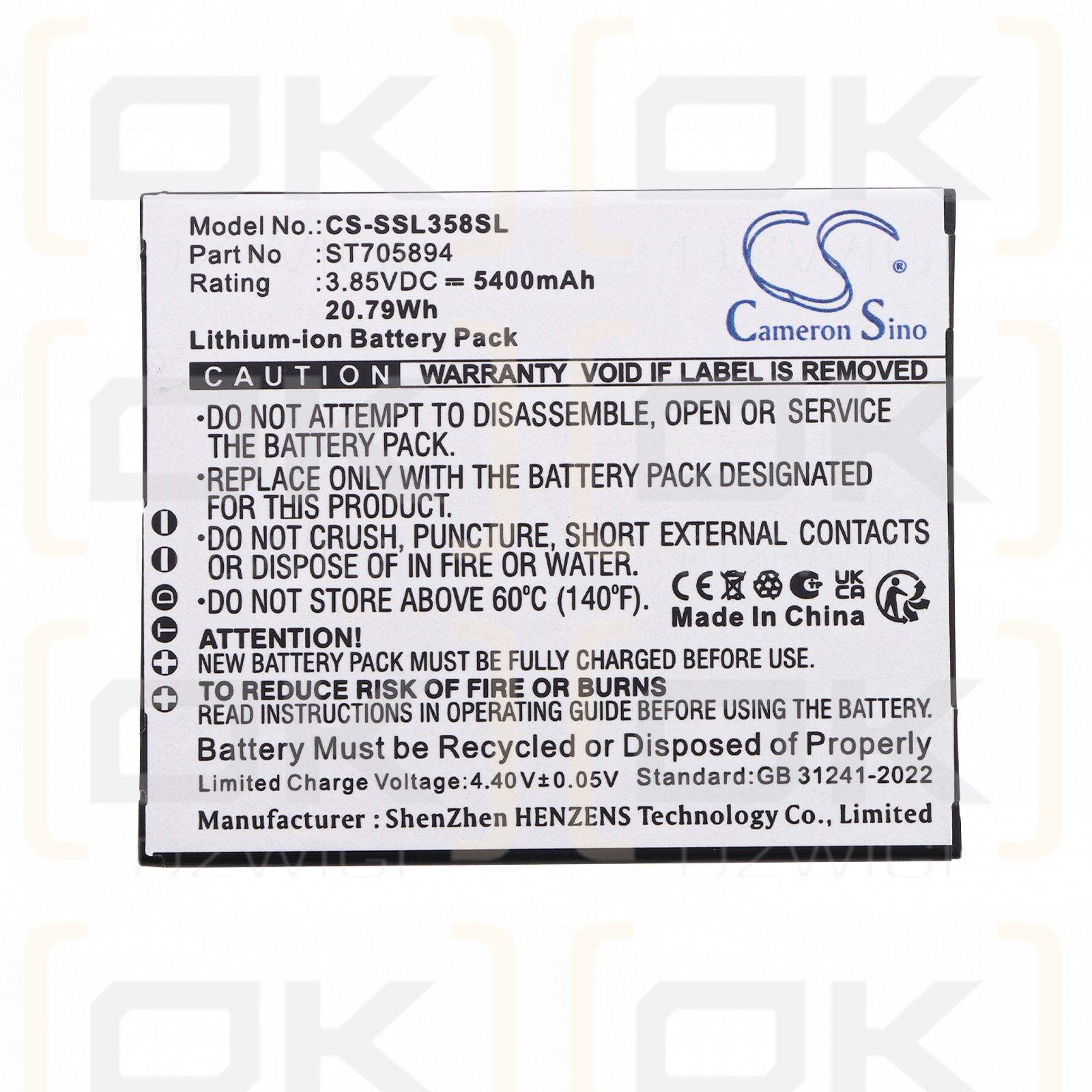 Batería de repuesto para Senter SL358 / ST705894, 5400 mAh, iones de litio, 3,85 V (Cameron Sino)