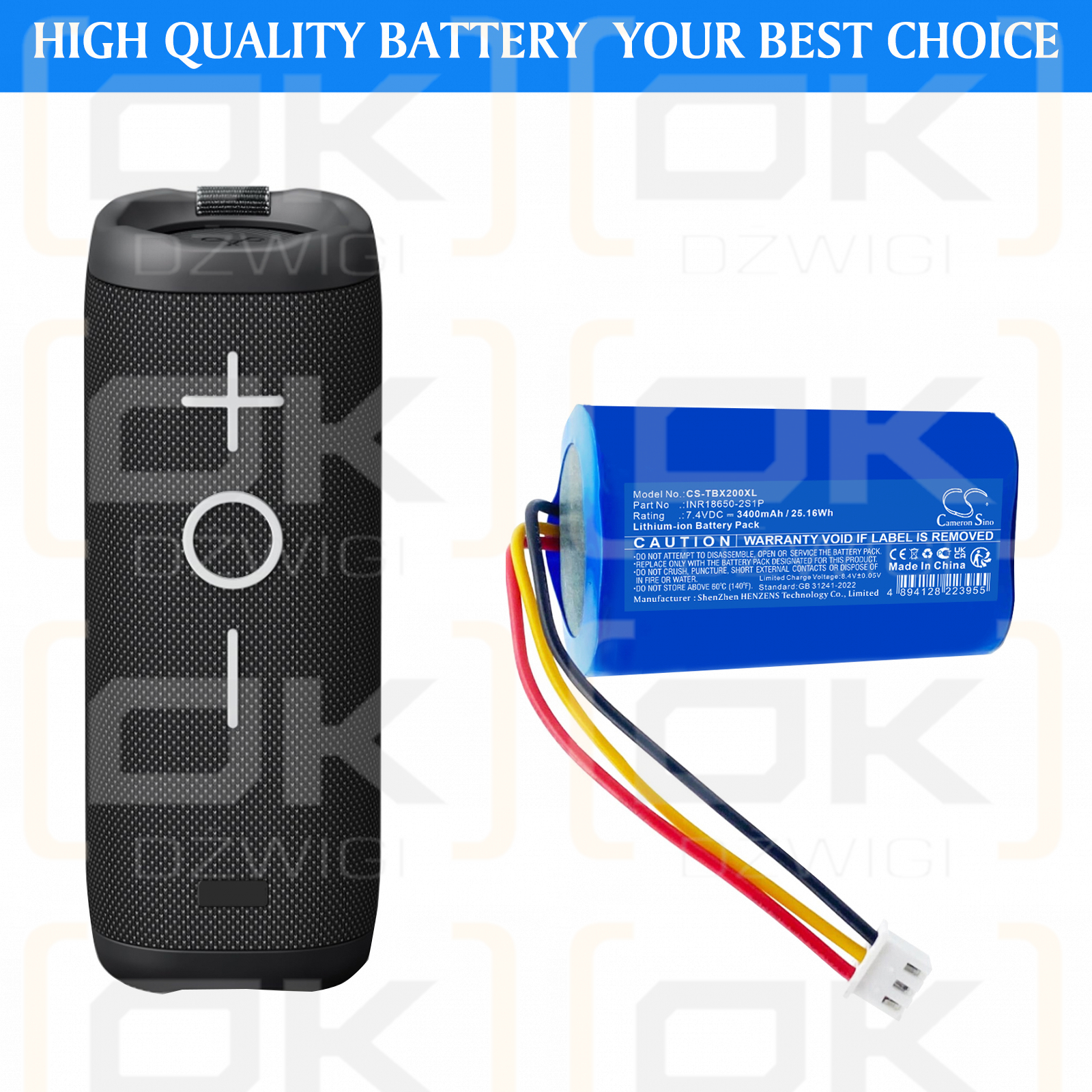 Tribit XSound Plus 2 Bluetooth-Lautsprecher / INR18650-2S1P 3400 mAh Li-Ion 7,4 V (Cameron Sino)