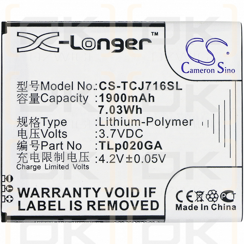 TCL J716D / TLp020GA 1900mAh Li-Polímero 3.7V (Cameron Sino)