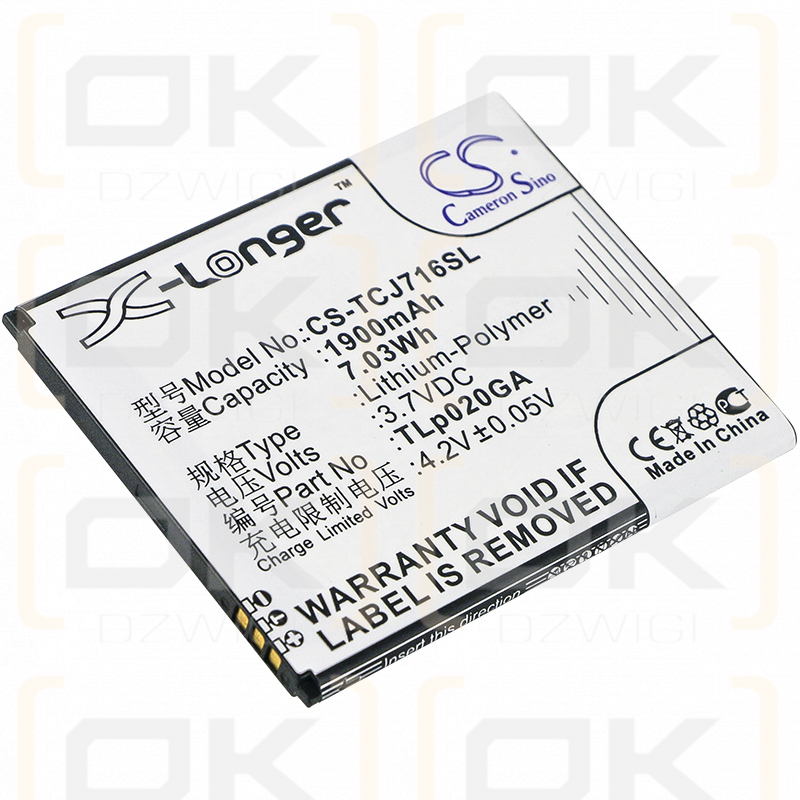 TCL J716D / TLp020GA 1900mAh Li-Polímero 3.7V (Cameron Sino)