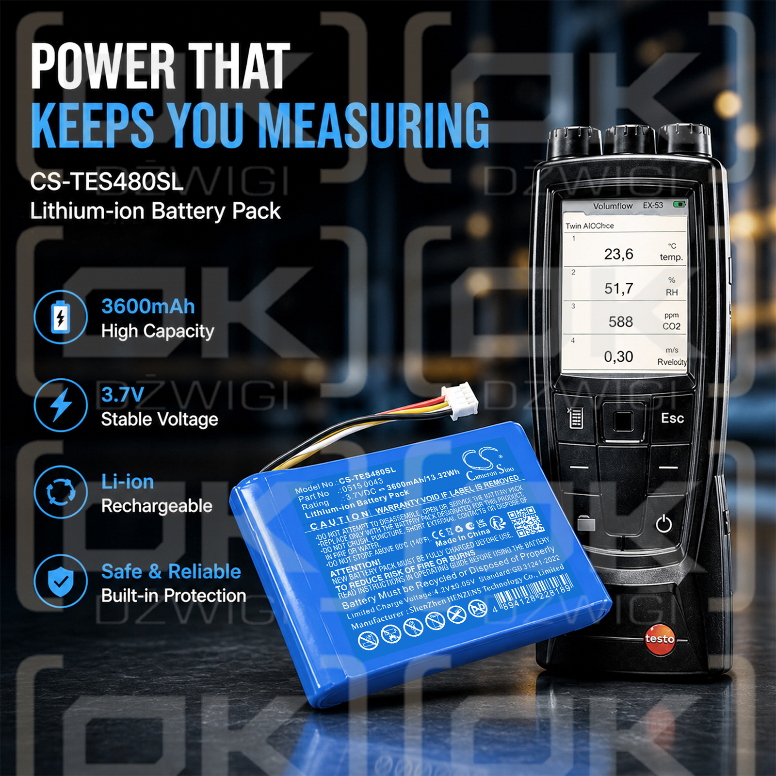 Batería de repuesto para Testo 480 / 0515 0043 3600 mAh Li-ion 3.7 V (Cameron Sino)