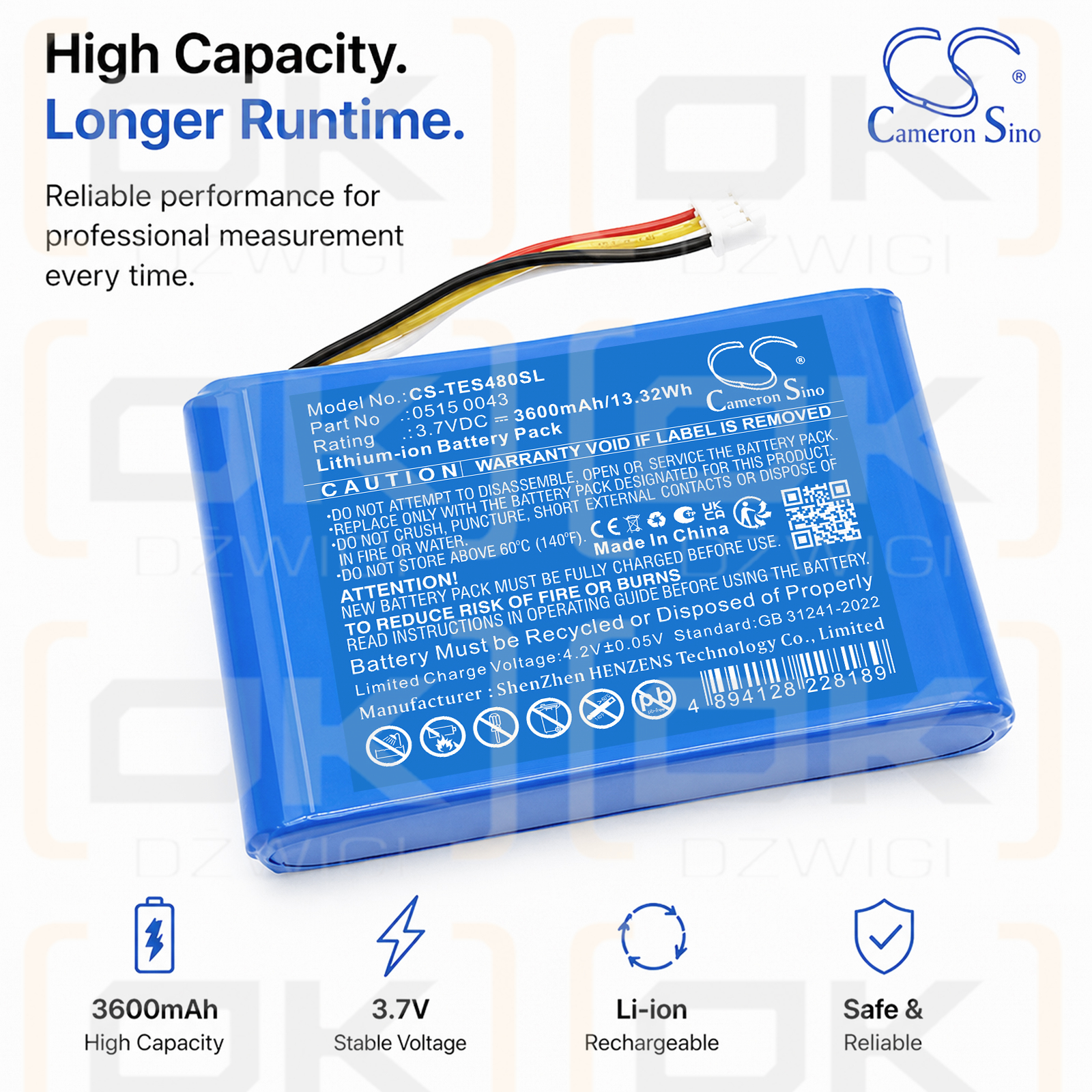 Batería de repuesto para Testo 480 / 0515 0043 3600 mAh Li-ion 3.7 V (Cameron Sino)
