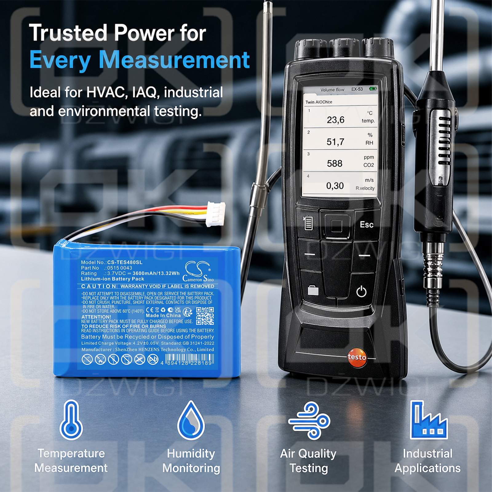Batería de repuesto para Testo 480 / 0515 0043 3600 mAh Li-ion 3.7 V (Cameron Sino)