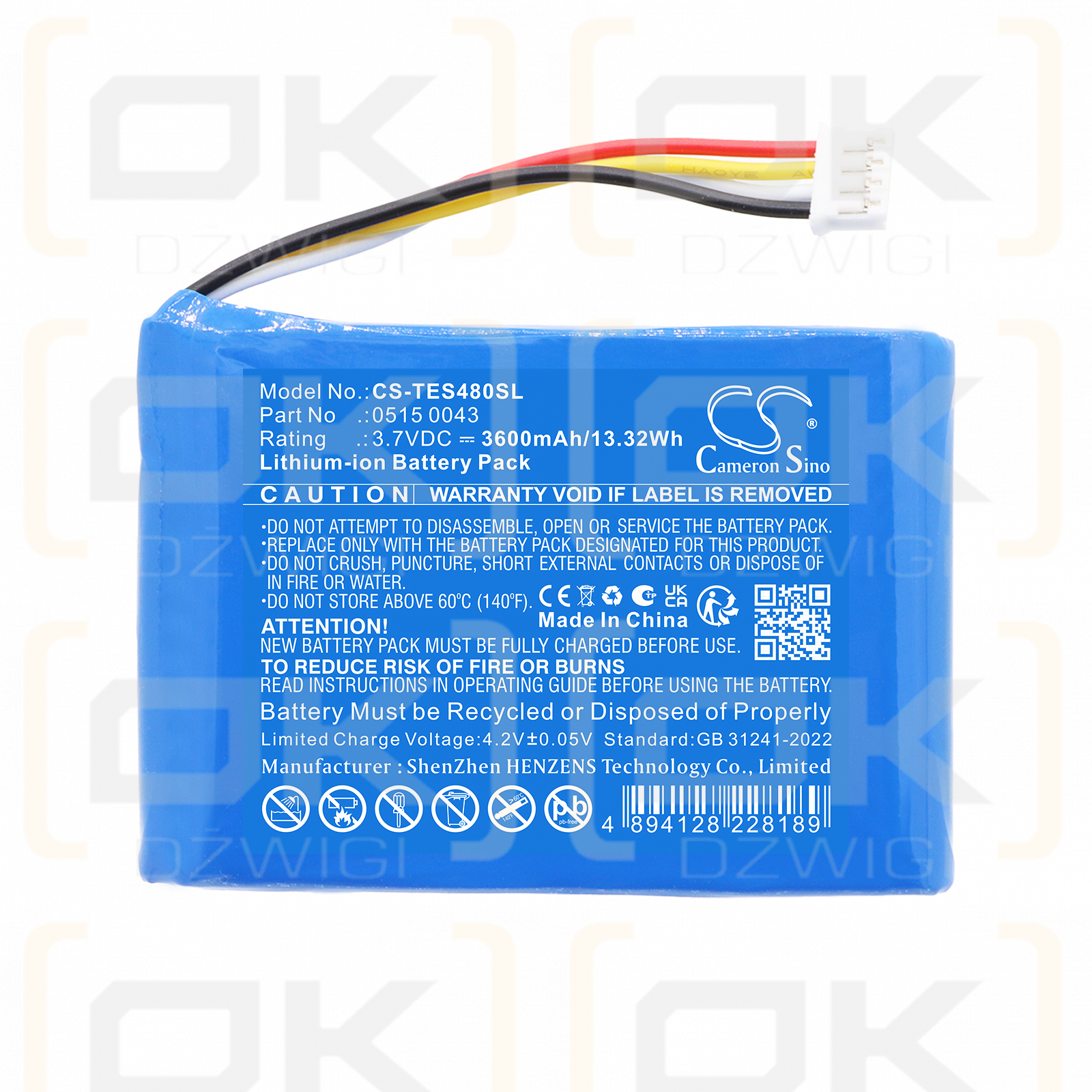 Batería de repuesto para Testo 480 / 0515 0043 3600 mAh Li-ion 3.7 V (Cameron Sino)