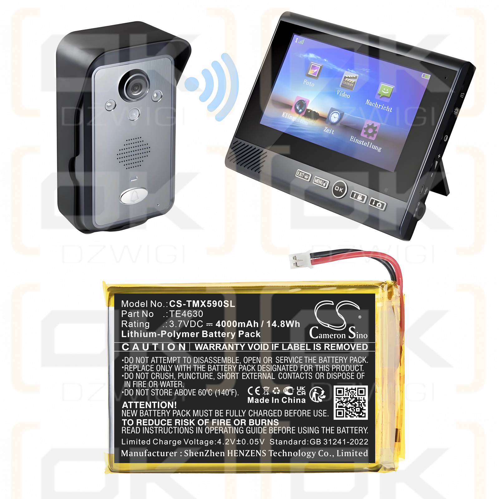 Technaxx TX59 Monitor Wireless Door Phone / TE4630 4000mAh Li-Polymer 3.7V (Cameron Sino)