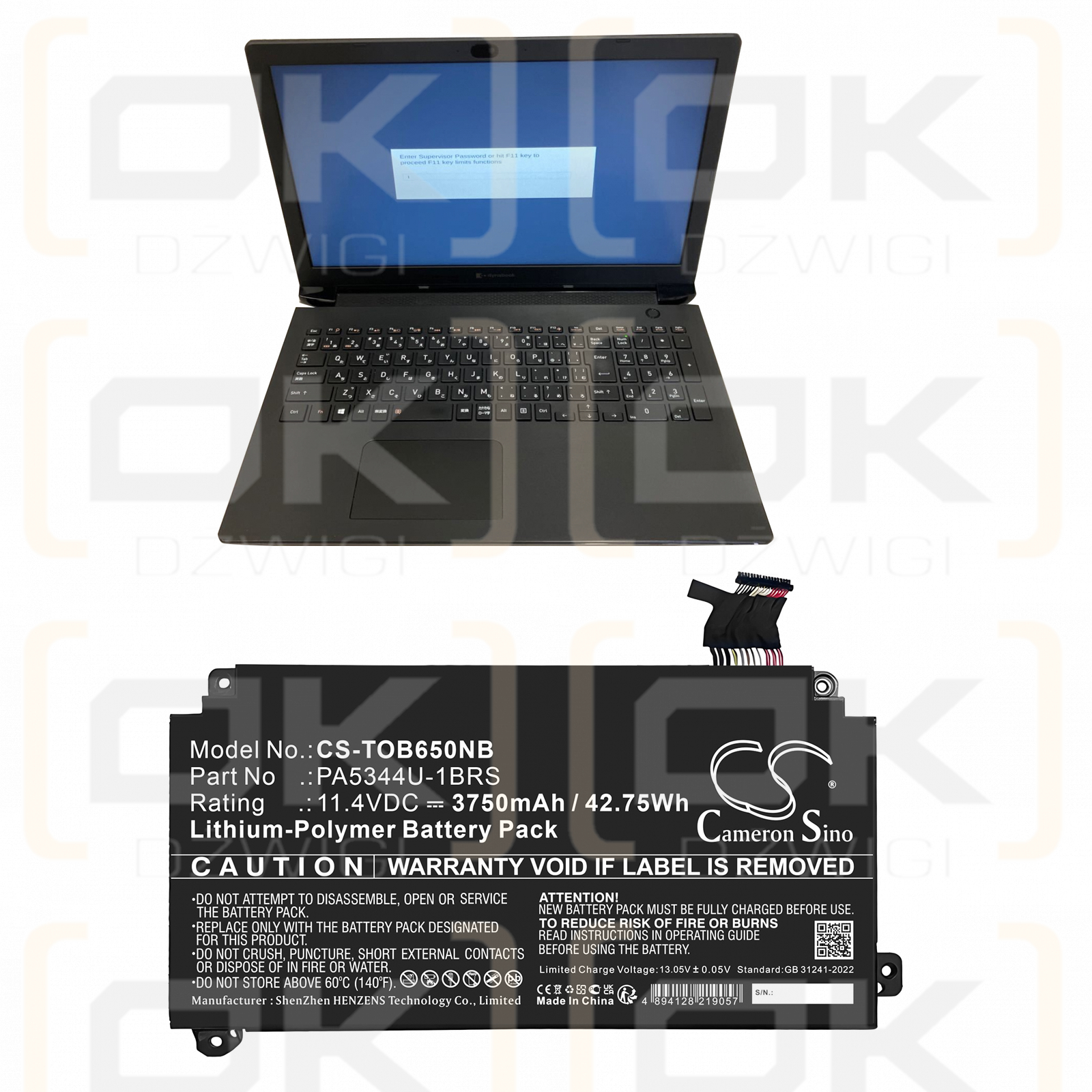 Toshiba Dynabook BJ65/FS / PA5344U-1BRS 3750 mAh Li-Polymer 11,4 V (Cameron Sino)