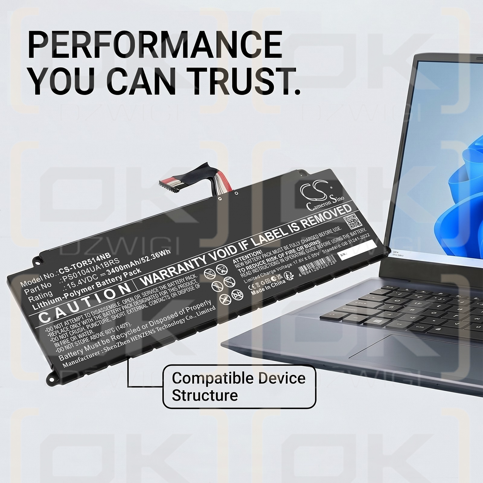 Сменный аккумулятор для Toshiba Dynabook Tecra A50-J / PS0104UA1BRS 3400 мАч, литий-полимерный, 15,4 В (Cameron Sino)