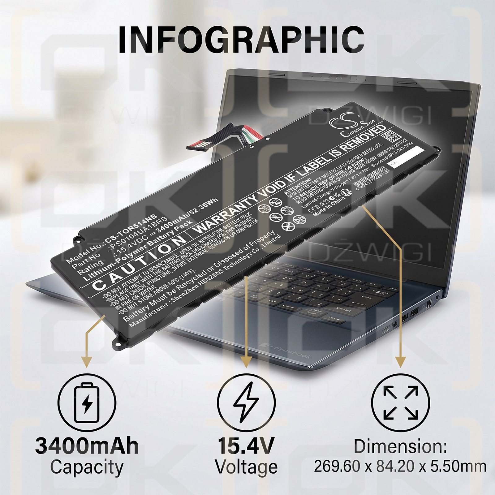 Сменный аккумулятор для Toshiba Dynabook Tecra A50-J / PS0104UA1BRS 3400 мАч, литий-полимерный, 15,4 В (Cameron Sino)