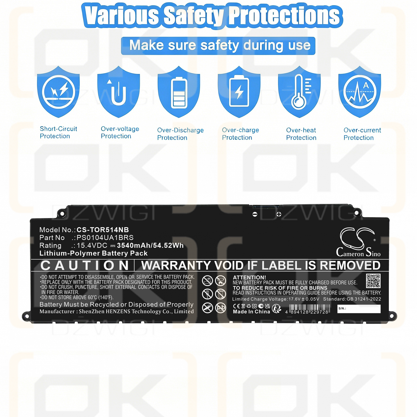 Replacement Battery for Toshiba Tecra A50-J-12U / PS0104UA1BRS 3540 mAh Li-ion 15.4 V (Cameron Sino)