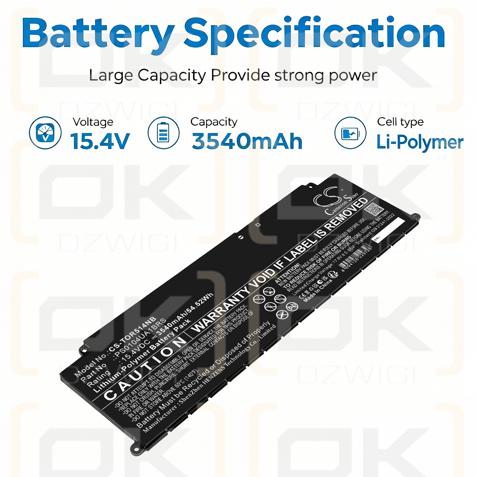 Replacement Battery for Toshiba Tecra A50-J-12U / PS0104UA1BRS 3540 mAh Li-ion 15.4 V (Cameron Sino)