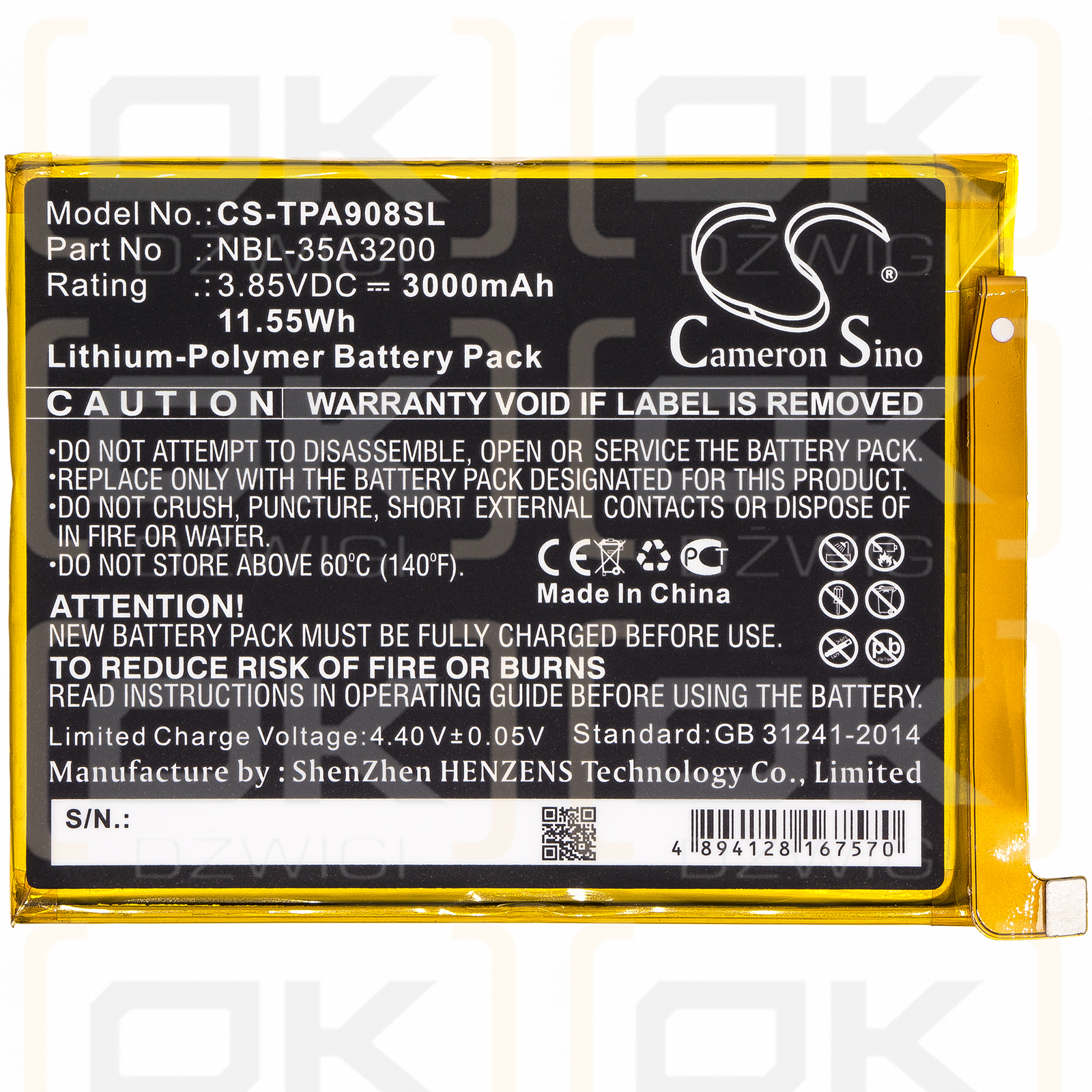 Neffos TP908A / NBL-35A3200 3000mAh Li-Polymer 3.85V (Cameron Sino)