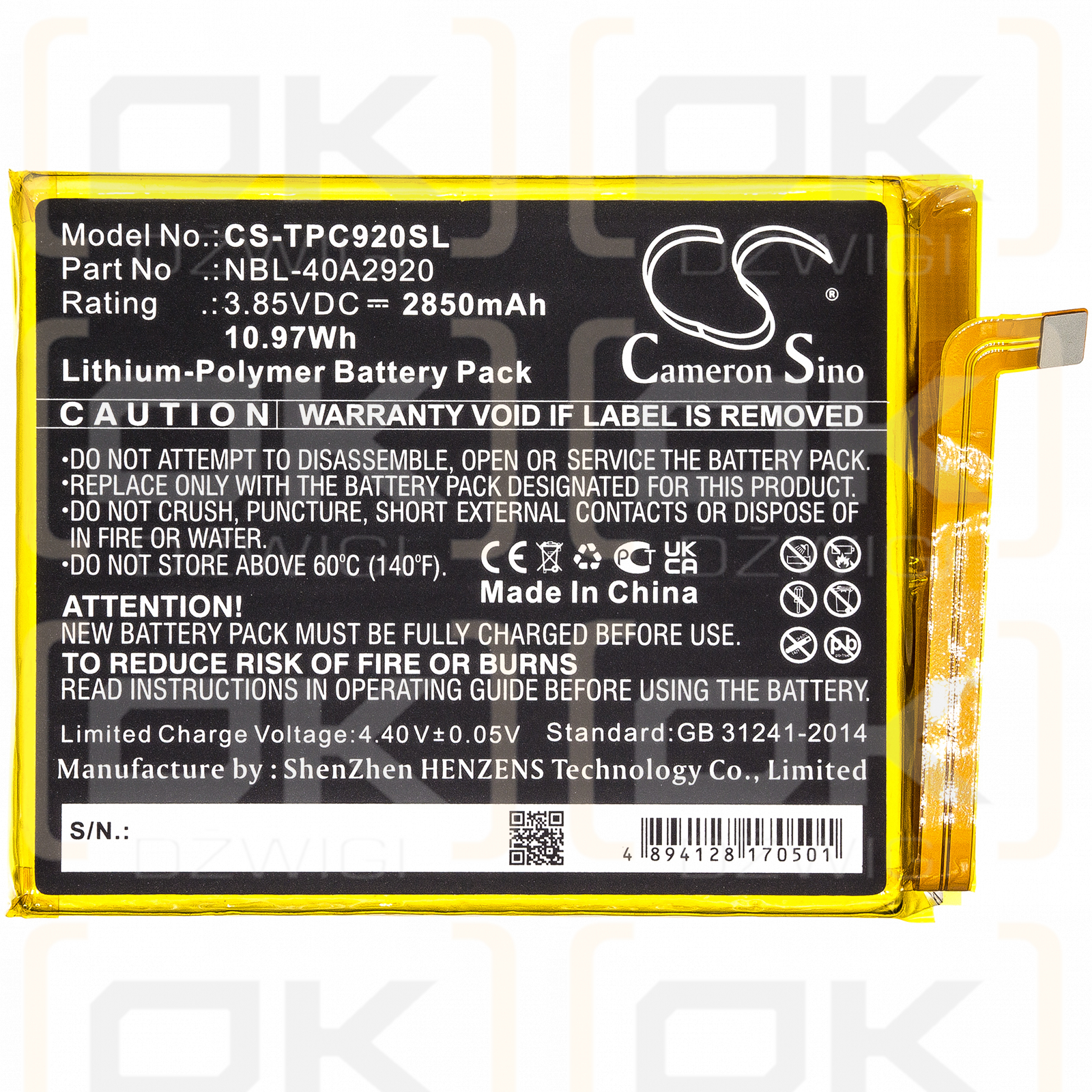 Neffos TP706A / NBL-40A2920 2850mAh Li-Polymer 3.85V (Cameron Sino)