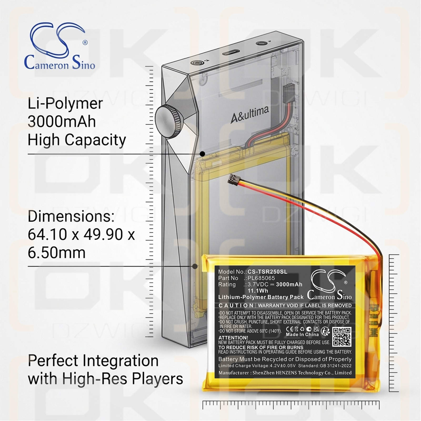 Batería de repuesto para Astell&Kern SR35 / PL685065, 3000 mAh, polímero de litio, 3,7 V (Cameron Sino).