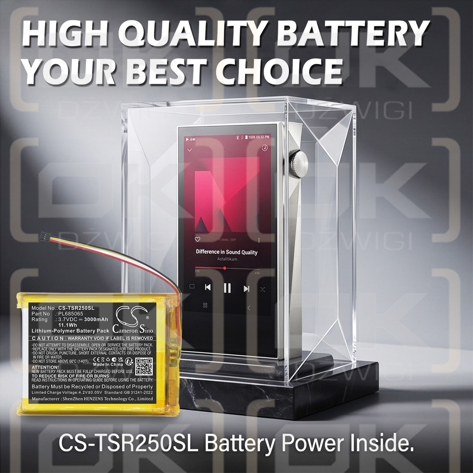 Batería de repuesto para Astell&Kern SR35 / PL685065, 3000 mAh, polímero de litio, 3,7 V (Cameron Sino).
