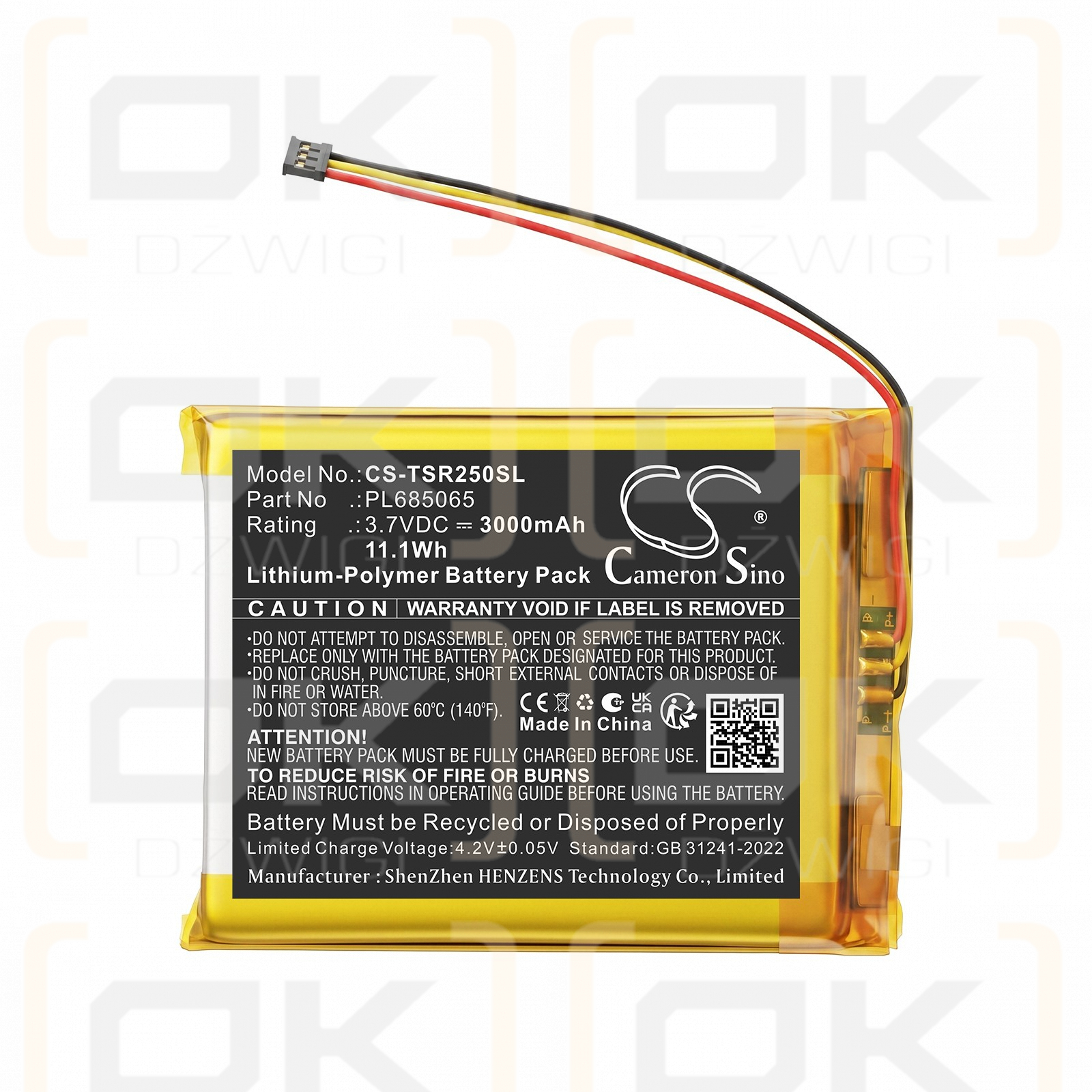 Batería de repuesto para Astell&Kern SR35 / PL685065, 3000 mAh, polímero de litio, 3,7 V (Cameron Sino).