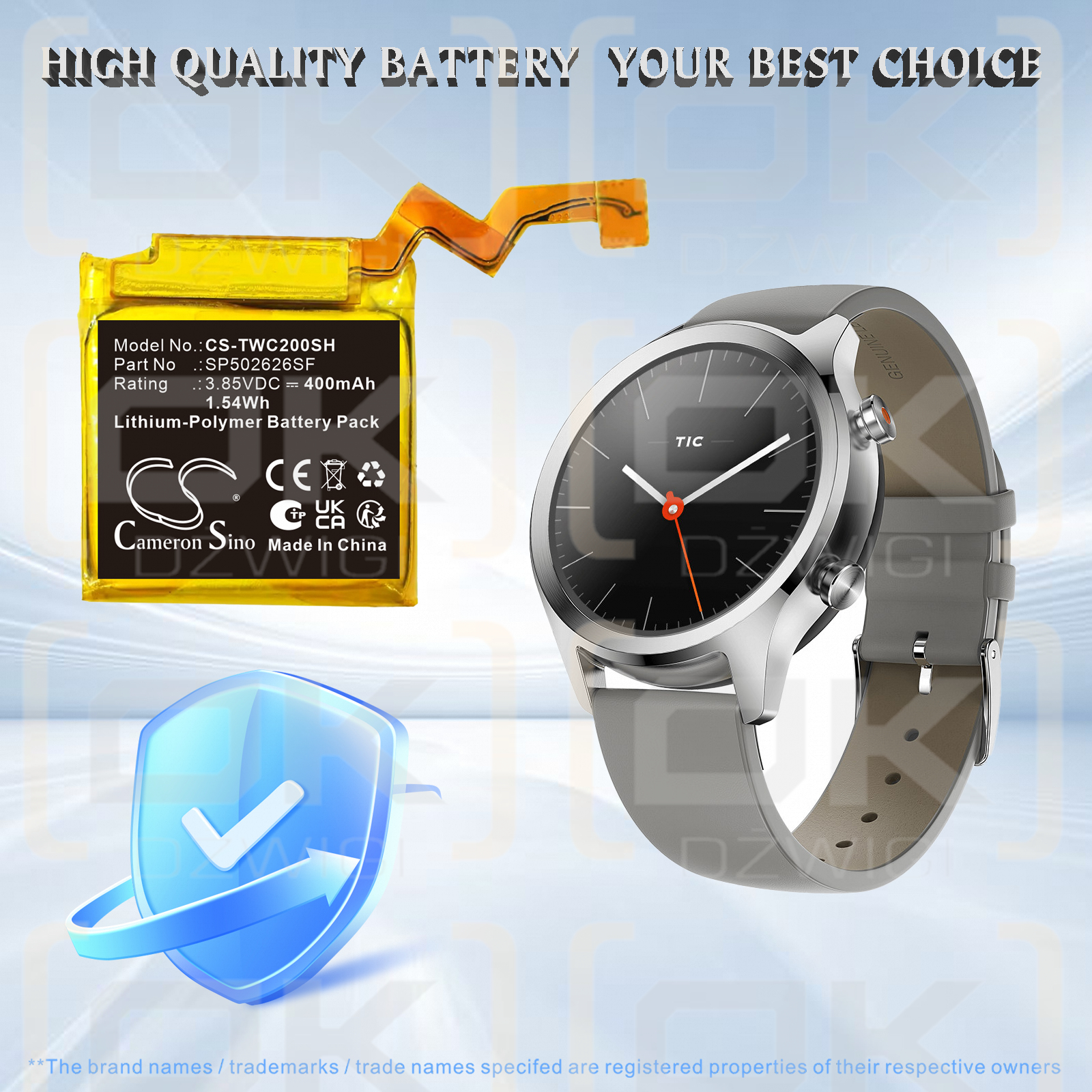 Ersatzakku für Ticwatch C2 / SP502626SF 400mAh Li-Polymer 3,85V (Cameron Sino)