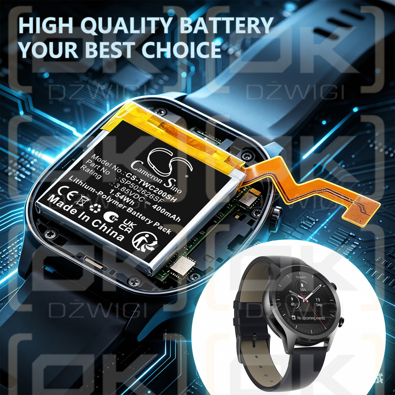 Ersatzakku für Ticwatch C2 / SP502626SF 400mAh Li-Polymer 3,85V (Cameron Sino)