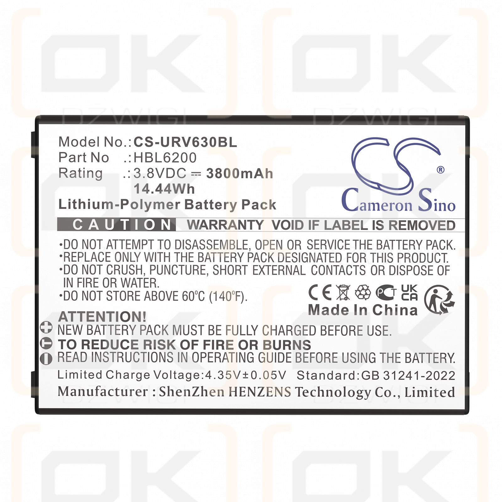 Urovo i6292S / HBL6200 3800 mAh Li-Polymer 3,8 V (Cameron Sino)