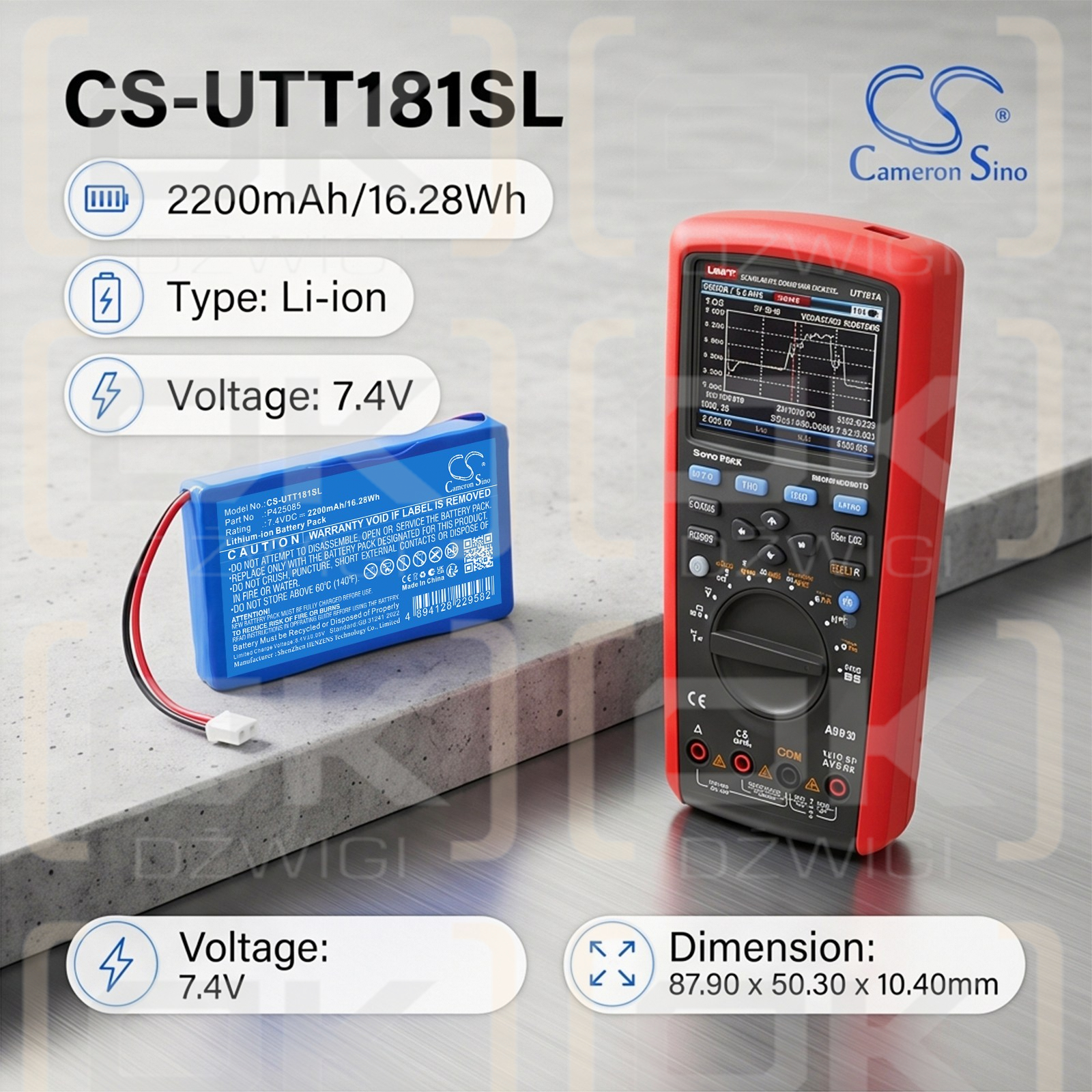 Batería de repuesto para UNI-T UT181A / P425085, 2200 mAh, iones de litio, 7,4 V (Cameron Sino)