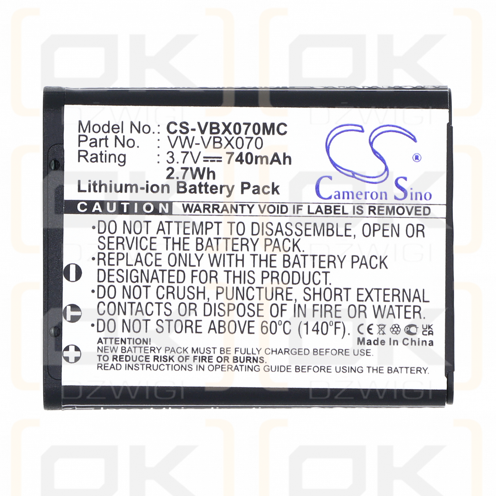 Replacement Battery for Panasonic HX-DC3W / VW-VBX070 740 mAh Li-ion 3.7 V (Cameron Sino)